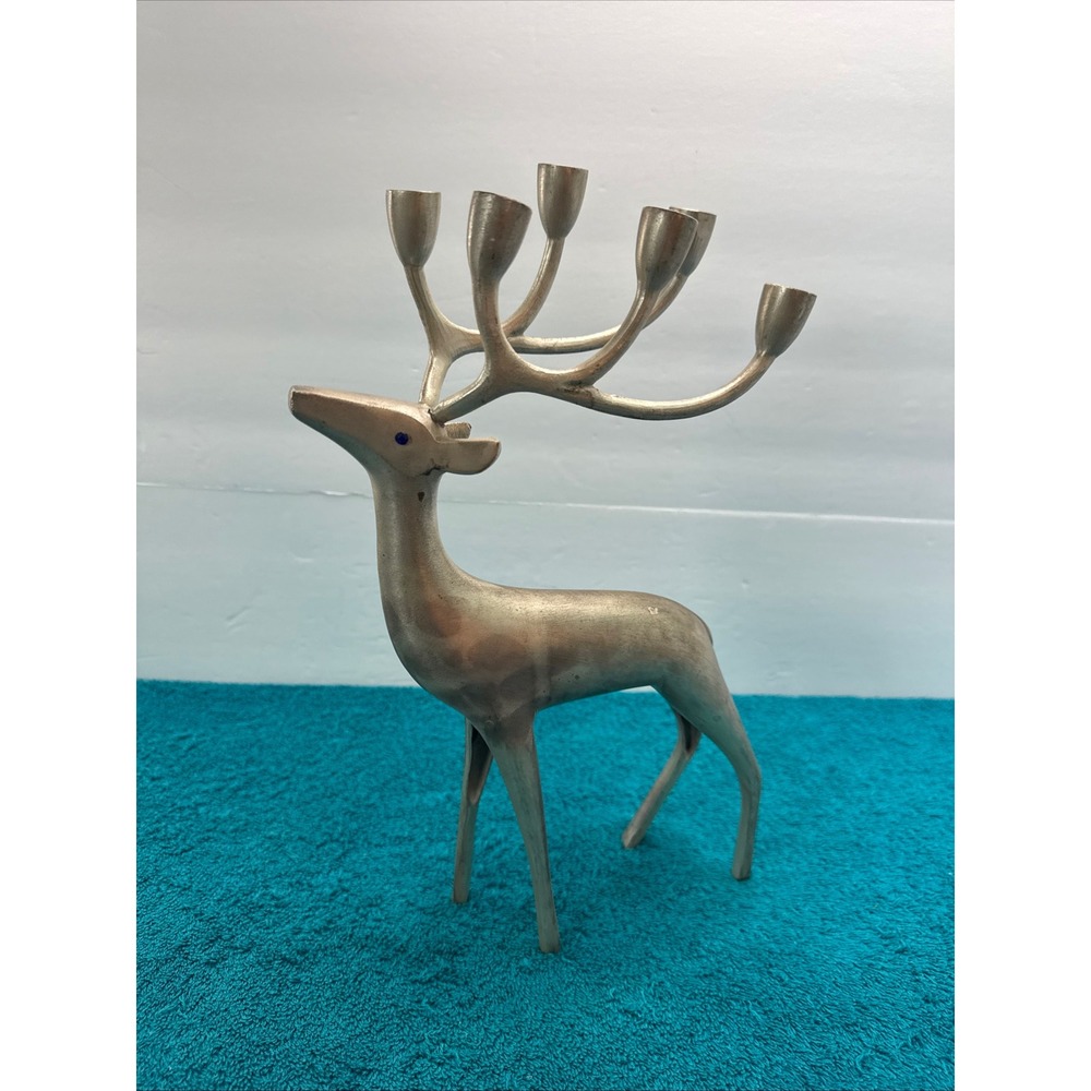 Vintage Silver Metal Reindeer Candelabra 6 Antler Taper Candle Holder Blue Eyes - Picture 12 of 12